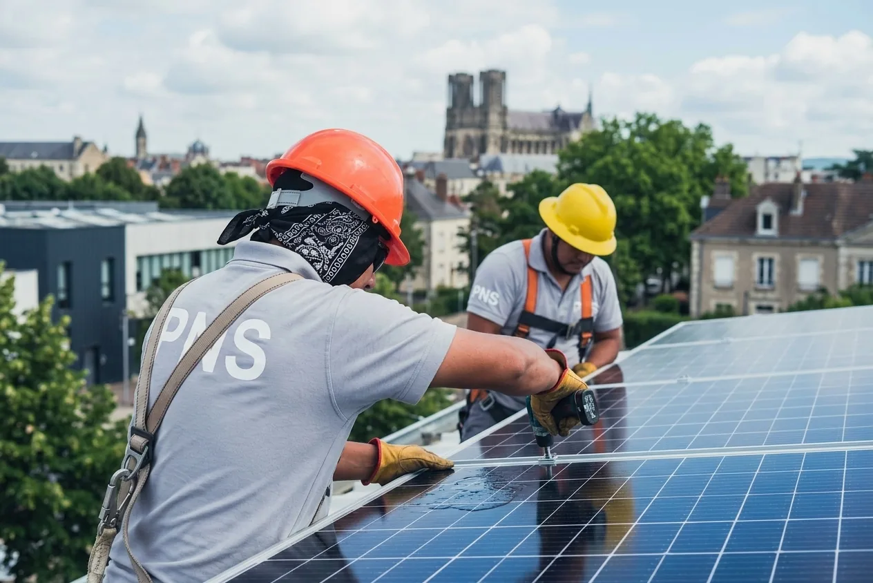Équipe PNS installant des panneaux solaires sur une toiture à Reims